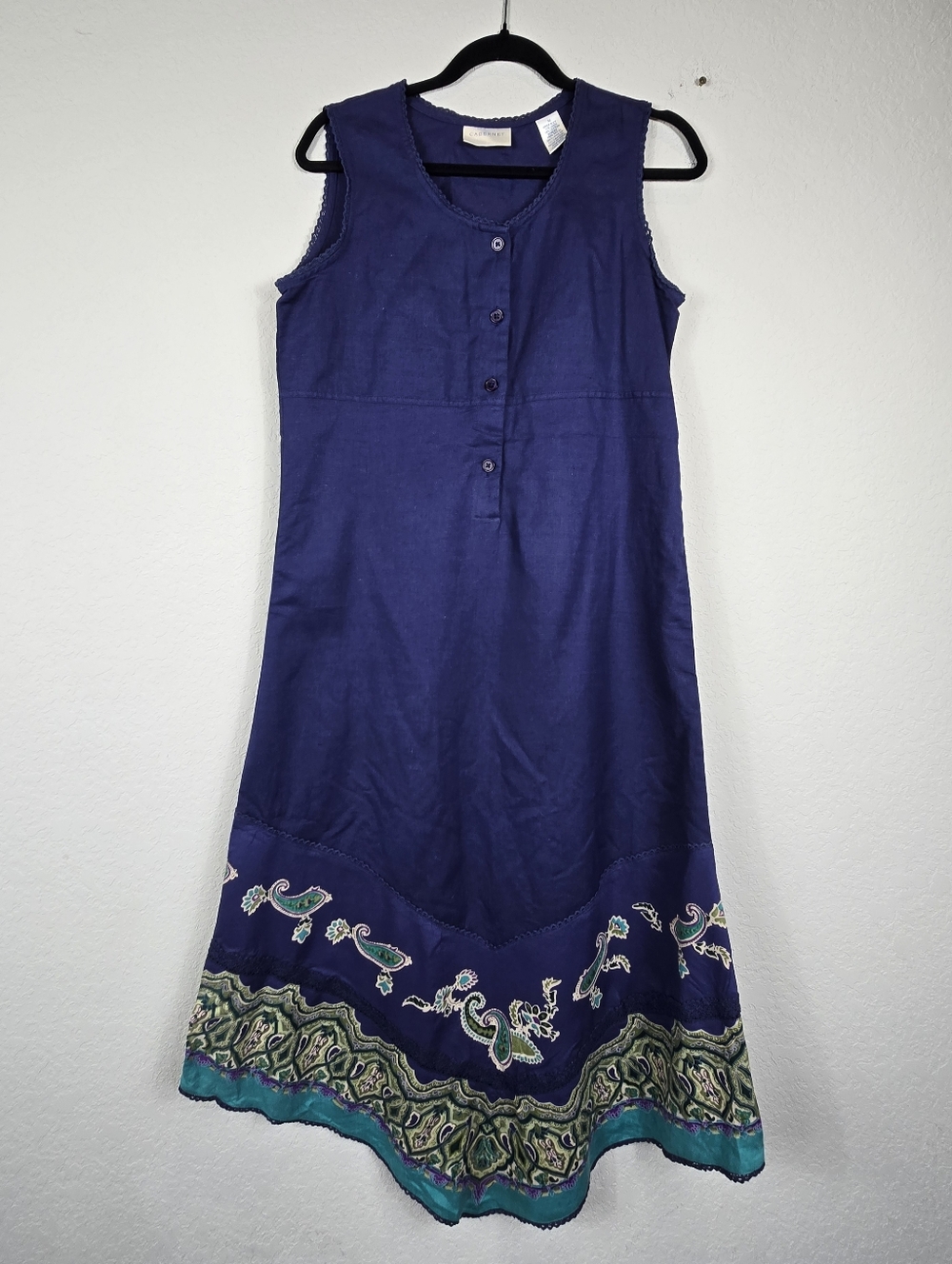 Boho Embroidered Paisley Linen Midi Dress Earthy Artisan Resort Cabernet Medium - Picture 2 of 7